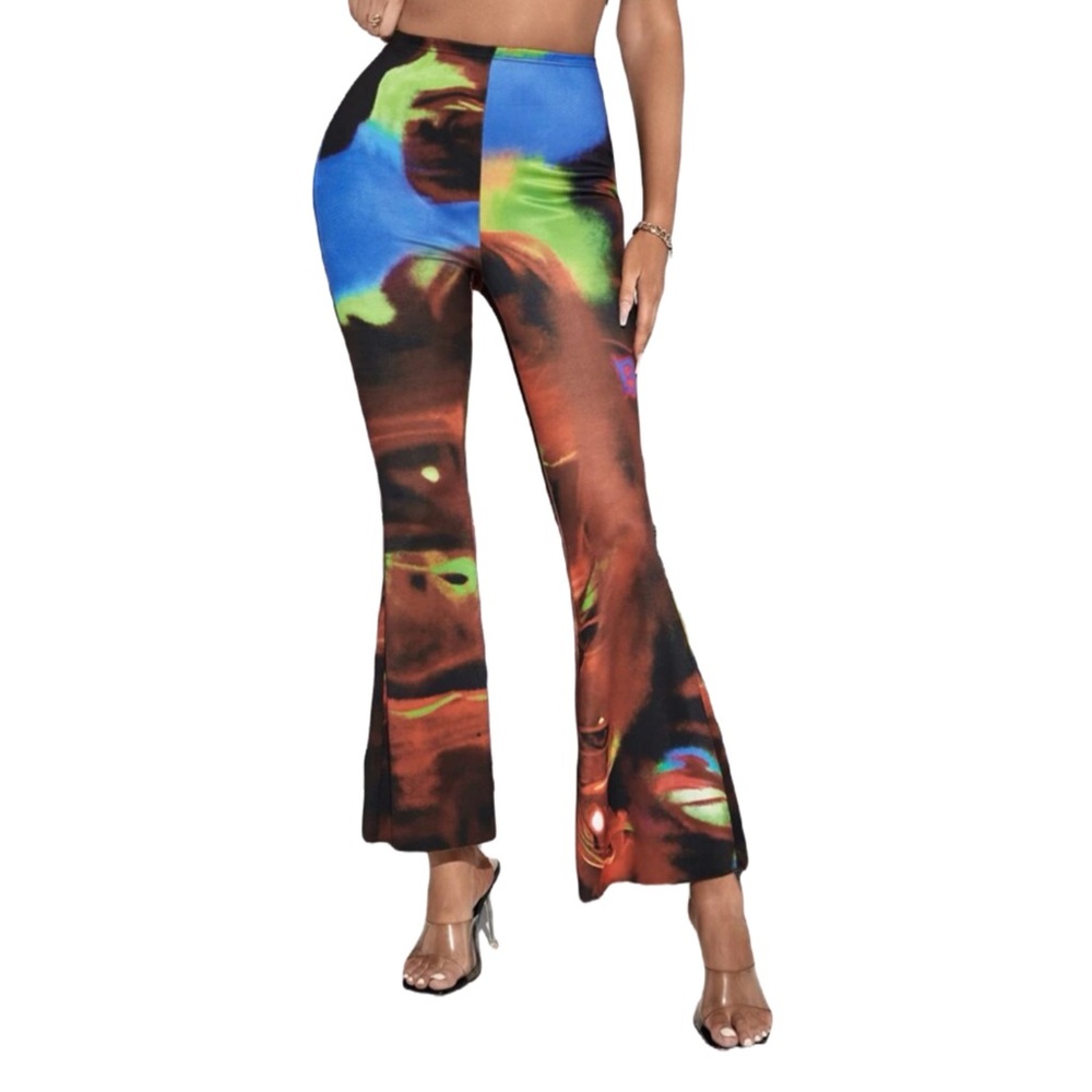 New Womans Tye Dye Multicolour Splash Print High Waist Stretchy Flare Leg Pants - Picture 2 of 9